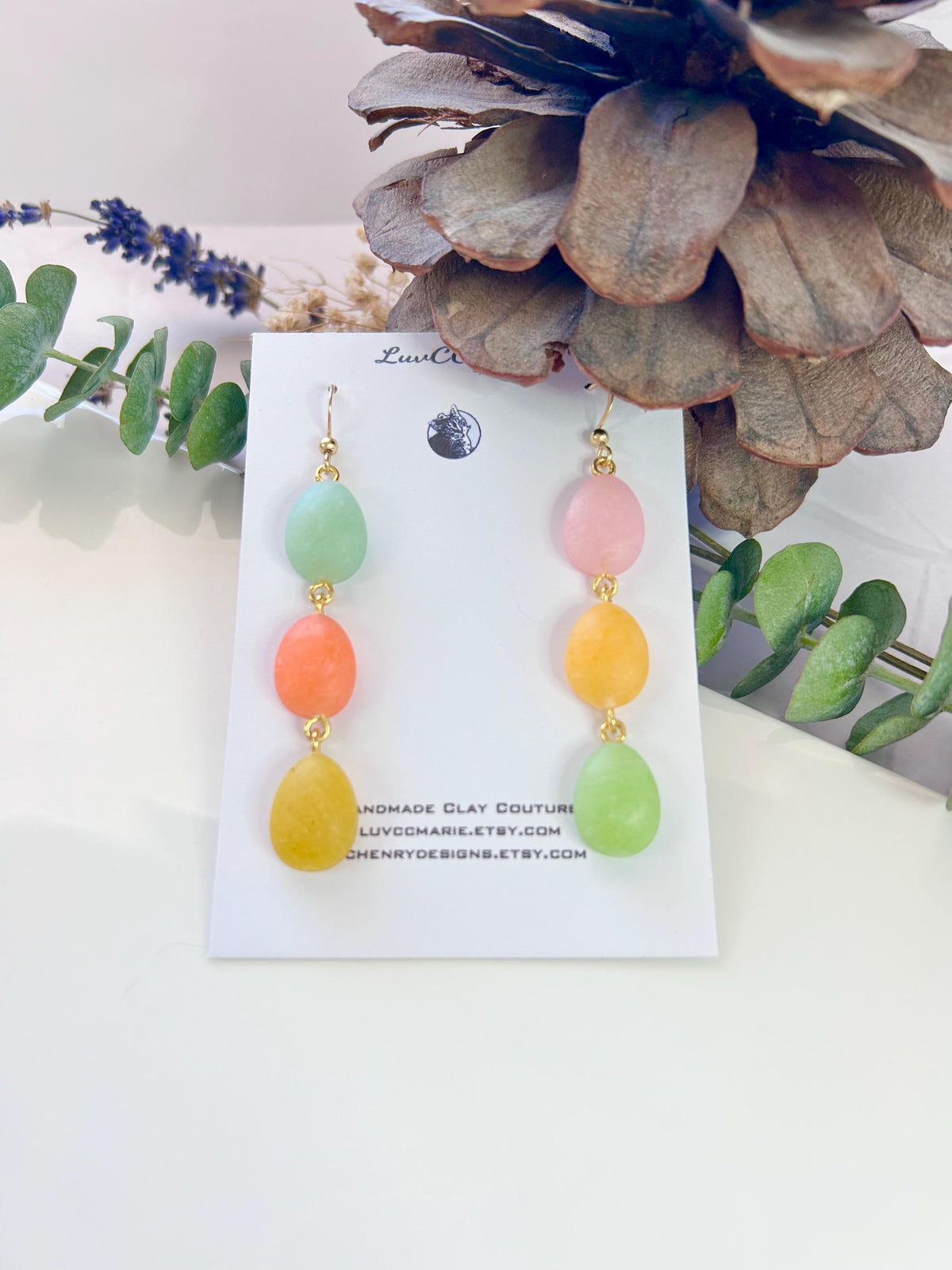 Handmade Long Pastel Egg Clay Earrings, Jelly Bean Dangles, Speckled Easter Statement Jewelry