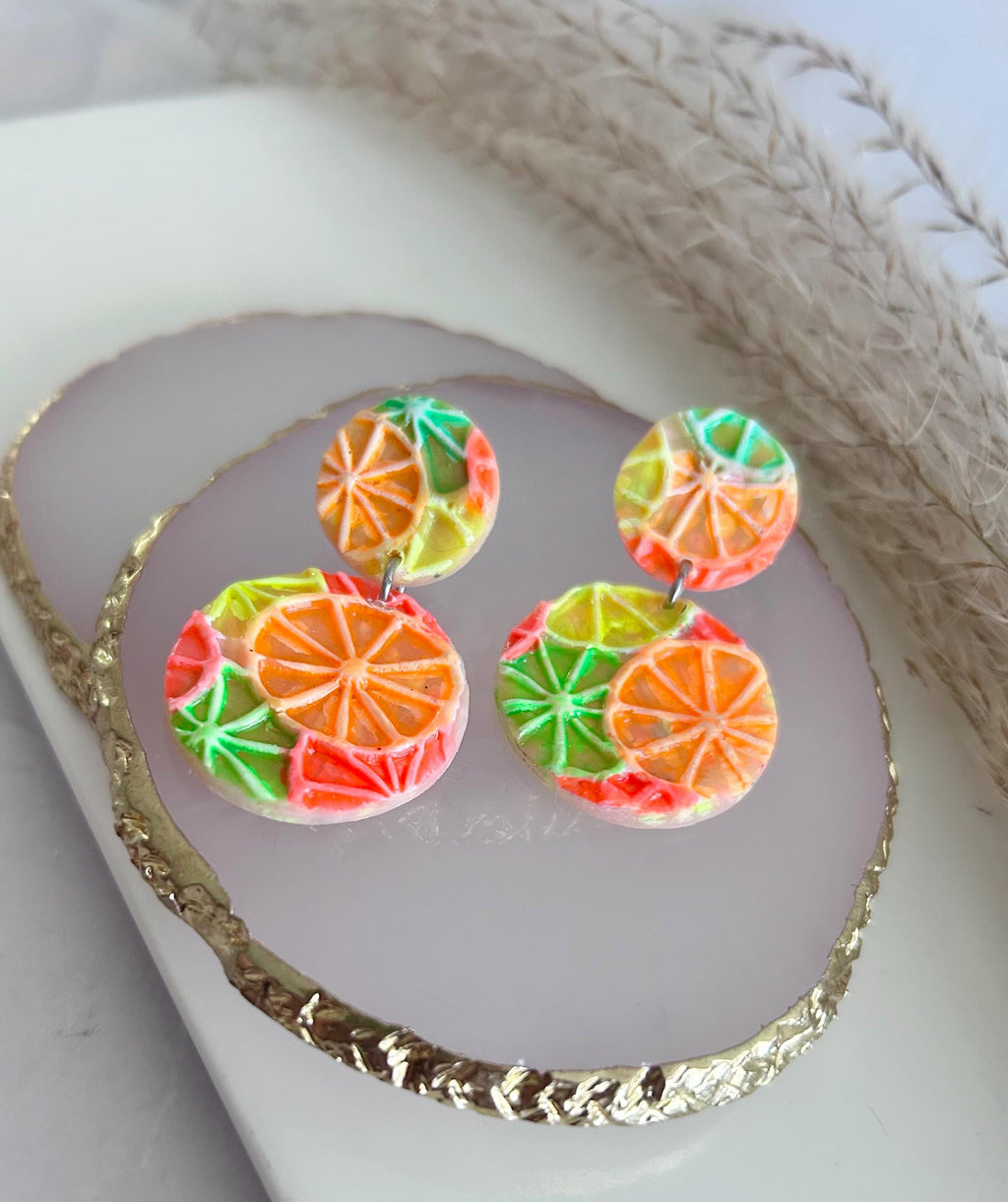 Neon Orange Slice Foodie Earrings, Grapefruit, Lemon, Lime, Unique Handcrafted Dangles, 90s Statement Clay Jewelry