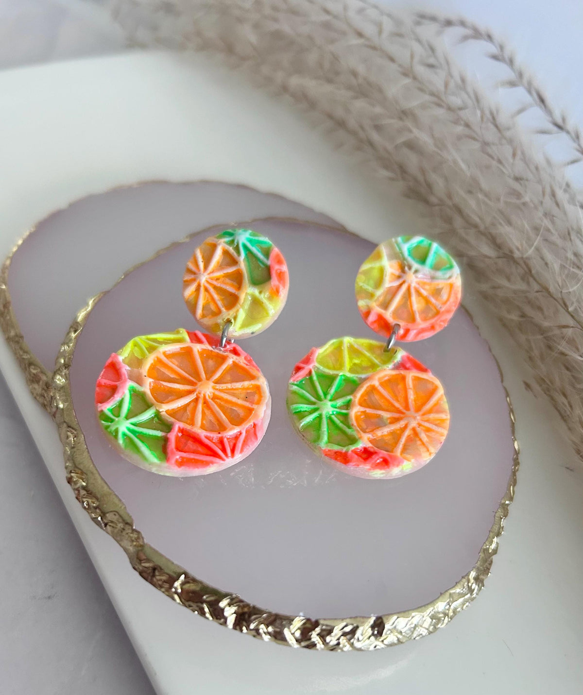 Neon Orange Slice Foodie Earrings, Grapefruit, Lemon, Lime, Unique Handcrafted Dangles, 90s Statement Clay Jewelry