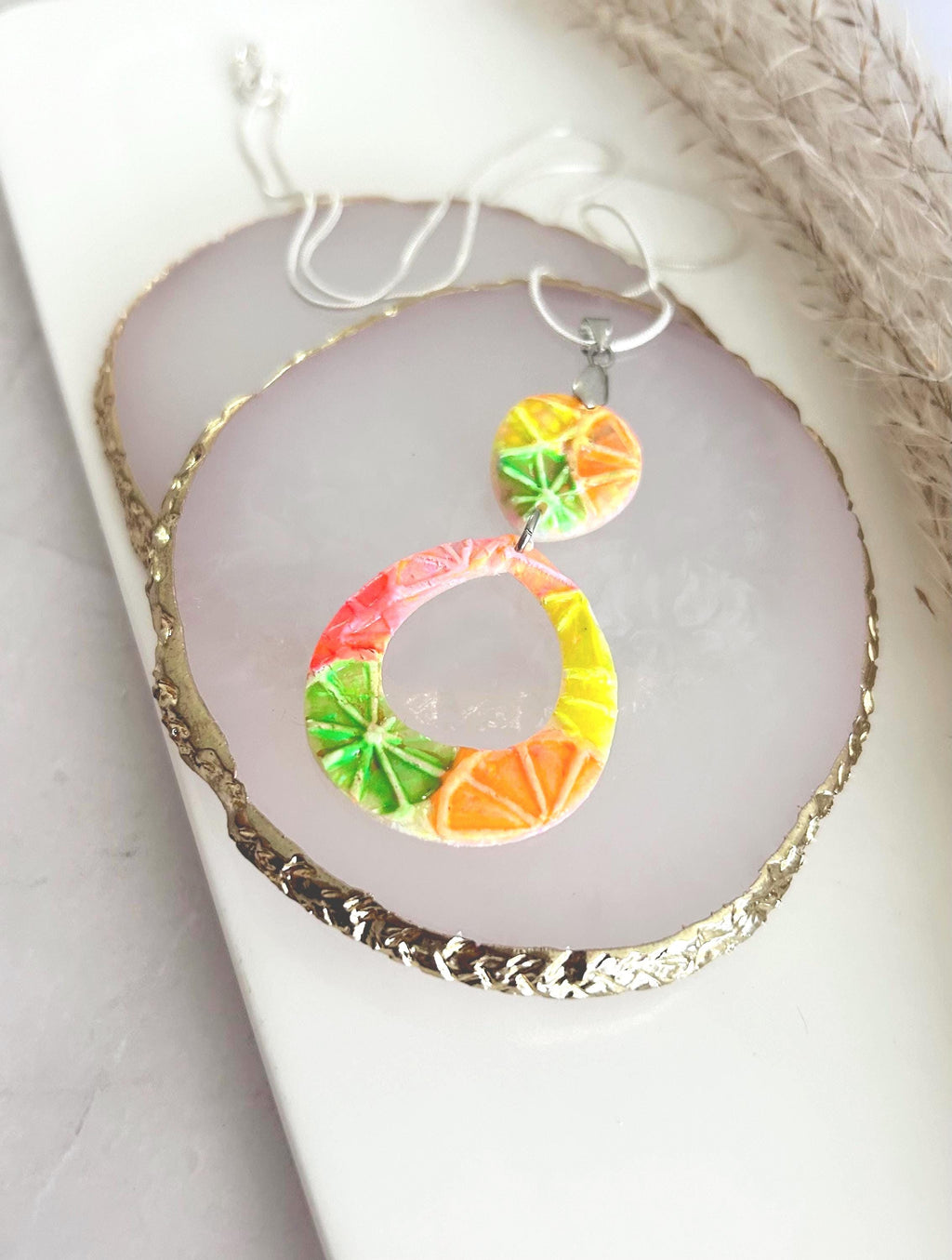 Citrus Necklace, Foodie Pendant, Silver Orange ,Neon Pink, Fluorescent Green, Teardrop Lemon Handmade Jewelry