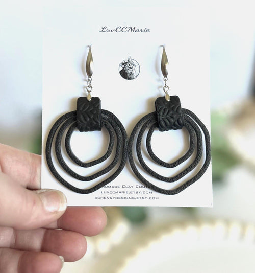 Black Silver Drop Hoops, Large Thin Hoop Dangles, Lightweight Clay Handmade Earrings, Stainless Steel