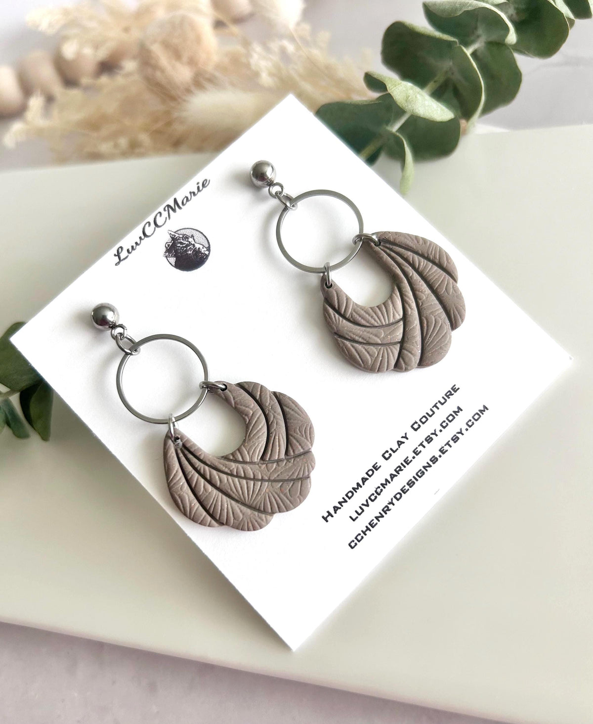 Handmade Khaki Clay Earrings: Boho Floral Embossed Dangles