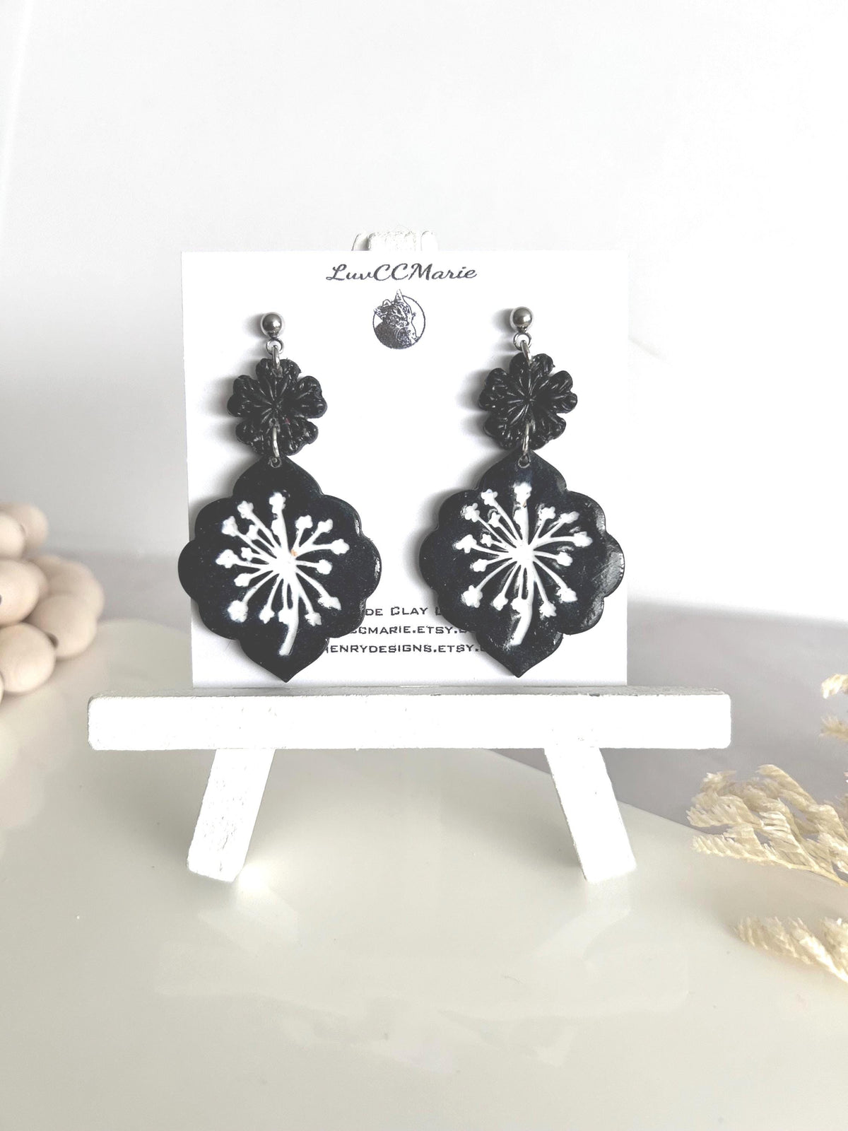 Black Dandelion Statement Earrings, White Floral Clay Dangles, Handmade Jewelry Gift for Her
