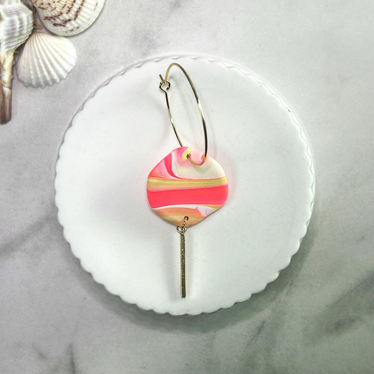 Neon 80s Clay Earrings, Hoop Bar Dangles, Fluorescent Jewelry