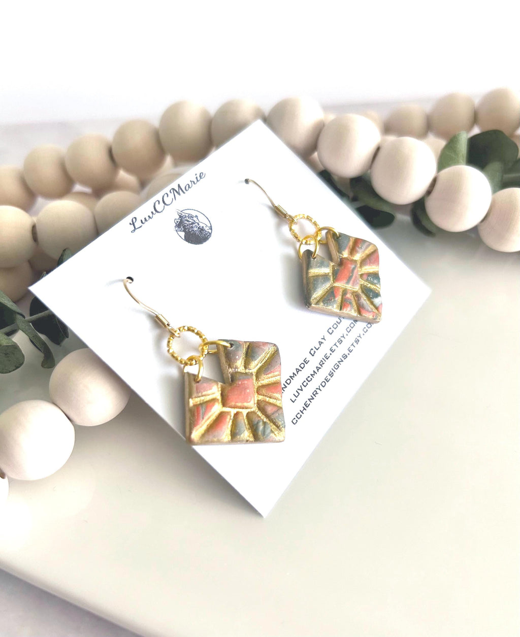 Green and Gold Marbled Geometric Hoop Dangles, Bright Orange Clay Earrings, Handmade Jewelry