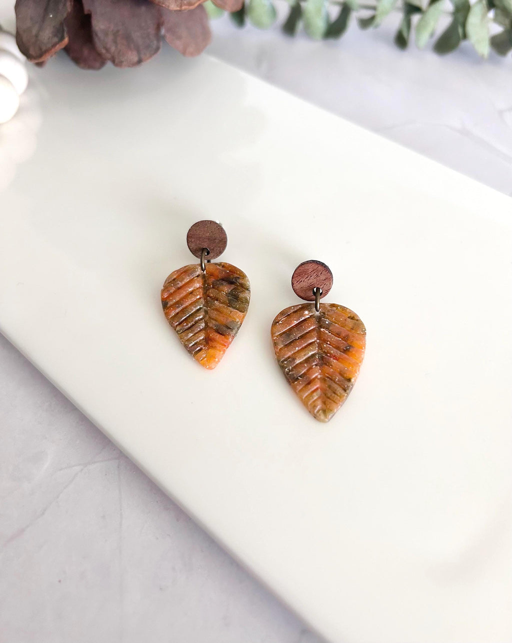 Rustic Autumn Leaves Earrings, Asymmetrical Wood Leaf Dangles, Handmade Lightweight, Colorful Fall Clay Jewelry