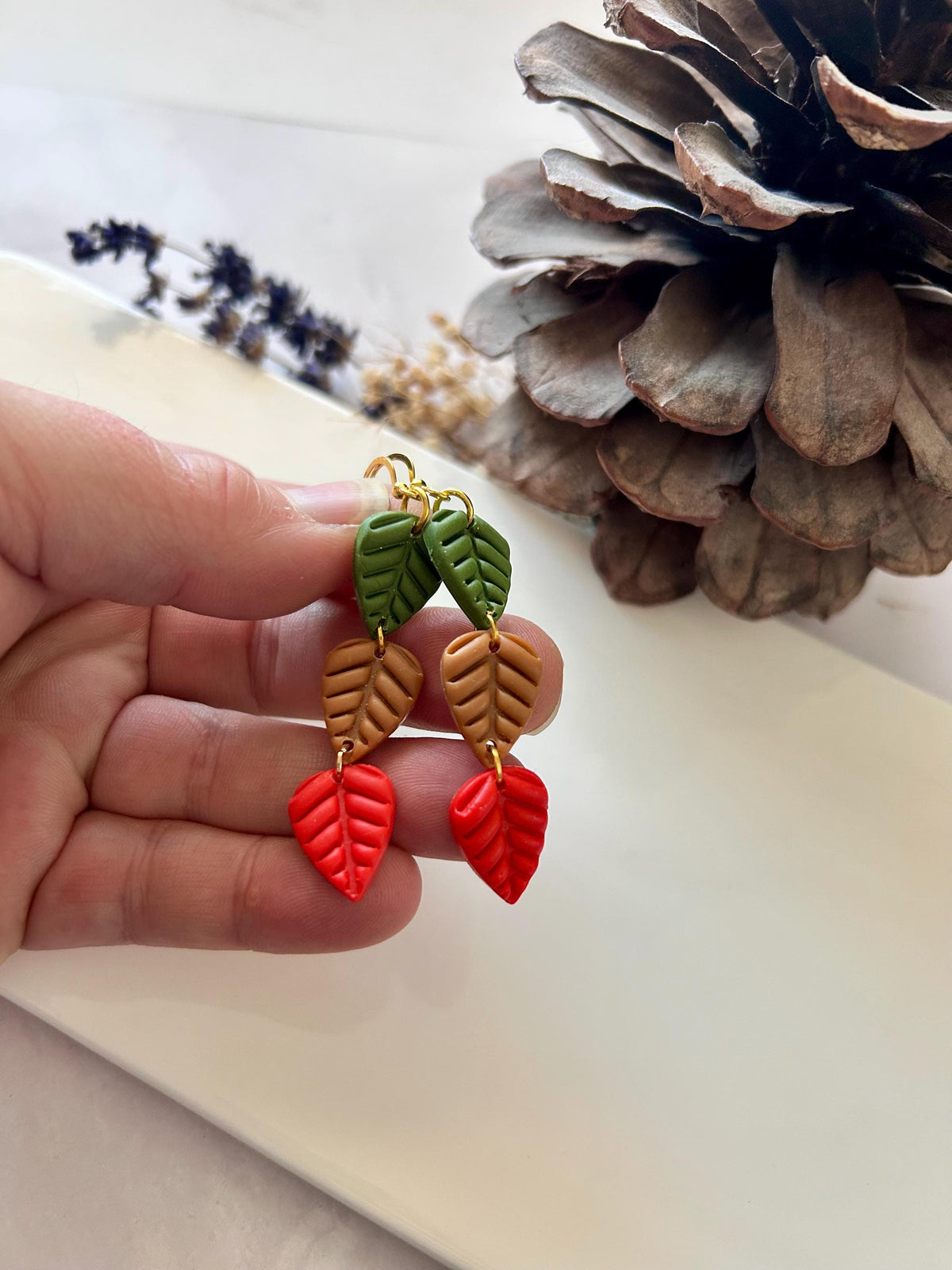 Leaf Earrings, Olive Green, Bright Red, Mustard Yellow, Handmade Clay Boho Fall Jewelry Gift