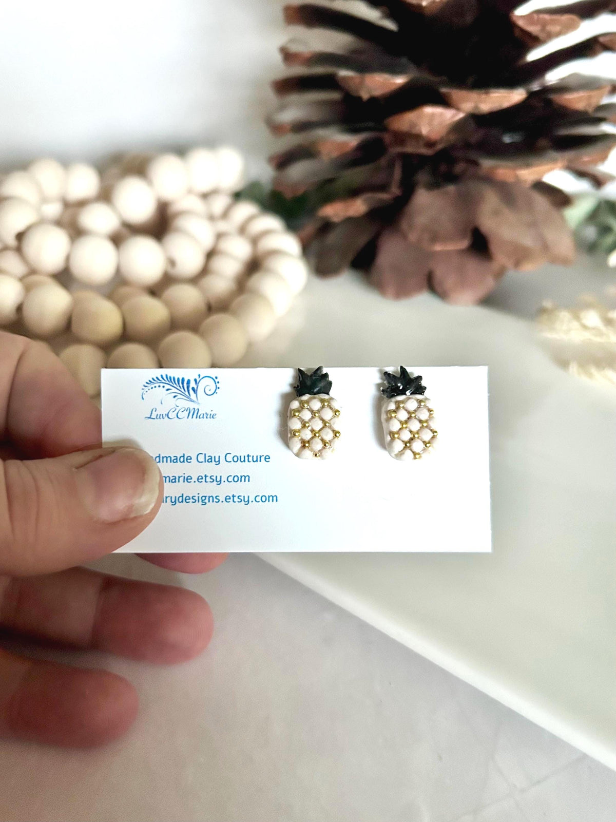 Pineapple Studs, Black and White Post Earrings, Handmade Clay Modern Jewelry