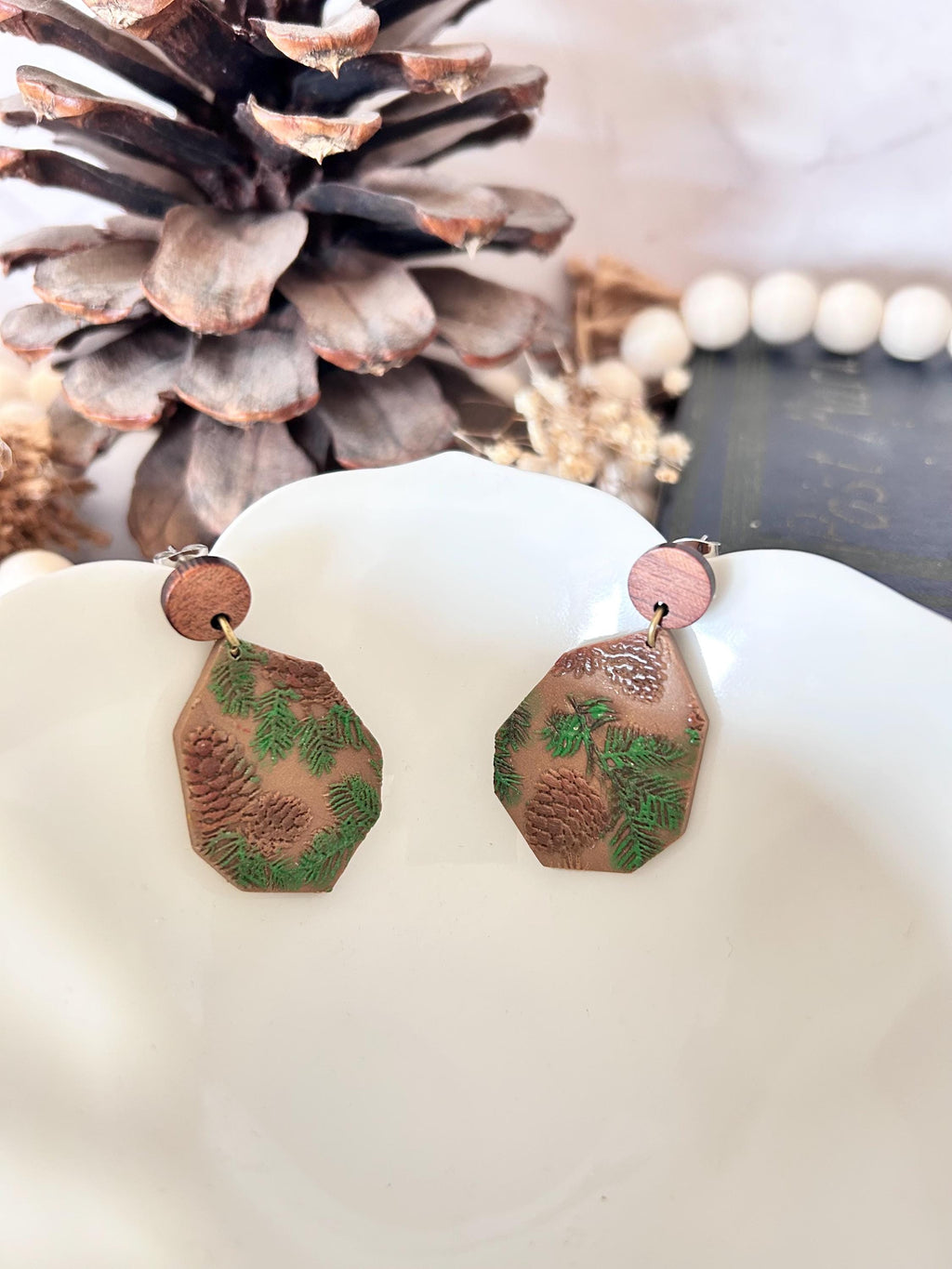 Handmade Pine Bough Clay Earrings: Boho Evergreen Jewelry
