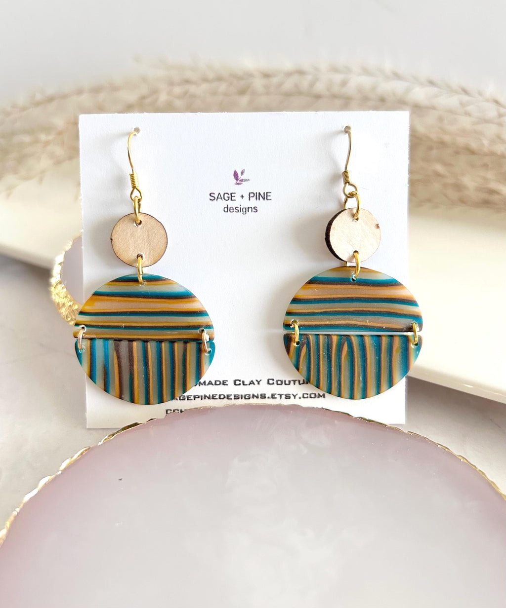 Burgundy Striped Earrings, Teal Mustard Fall Earrings, Multicolor Handmade Boho Wood Clay Drop Dangles