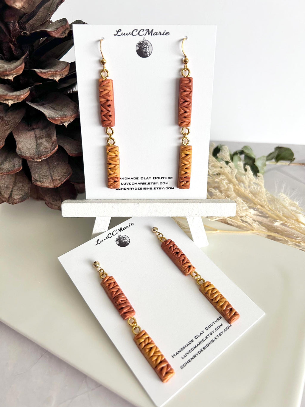 Mustard Yellow Dangle Earrings, Knit Ombre Burnt Orange Clay Dangles, Handmade Jewelry for Mom