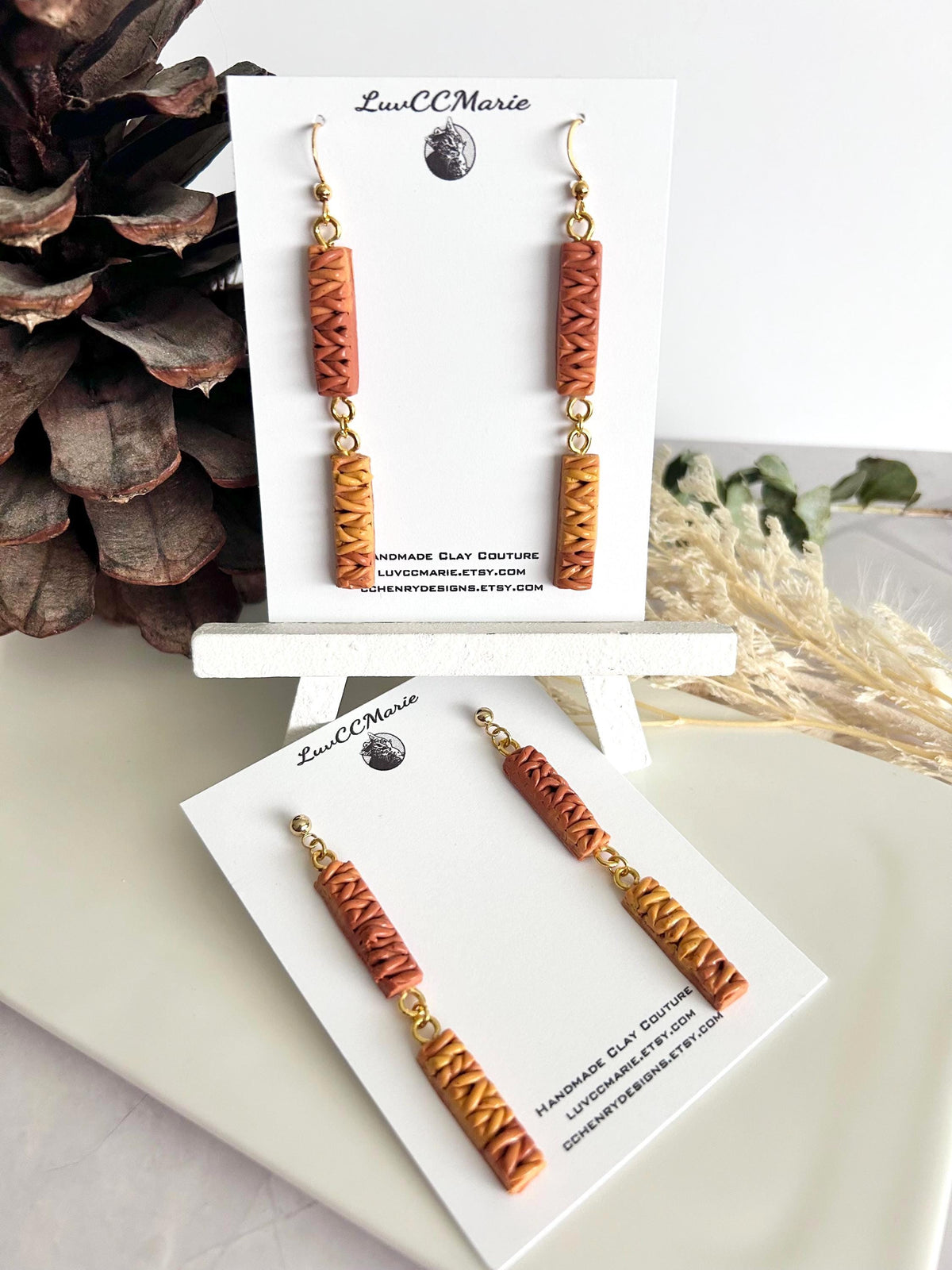 Mustard Yellow Dangle Earrings, Knit Ombre Burnt Orange Clay Dangles, Handmade Jewelry for Mom