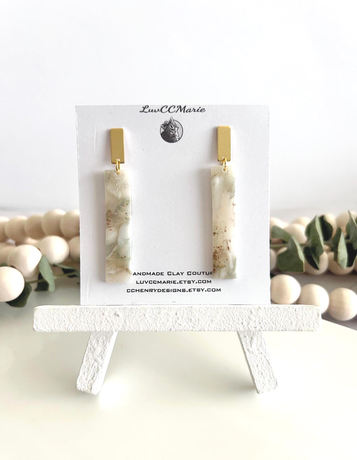 Handmade Clay Dangle Earrings, Sage Green, Gold and White Marbled Dangles, Lightweight Jewelry
