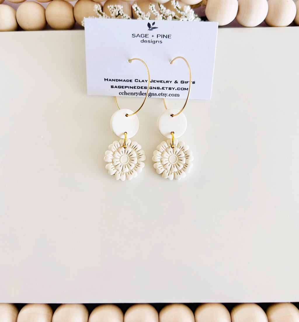 Creamy White Clay Earrings, Floral Embossed Drop Dangles, Handmade Fashion Boho Jewelry