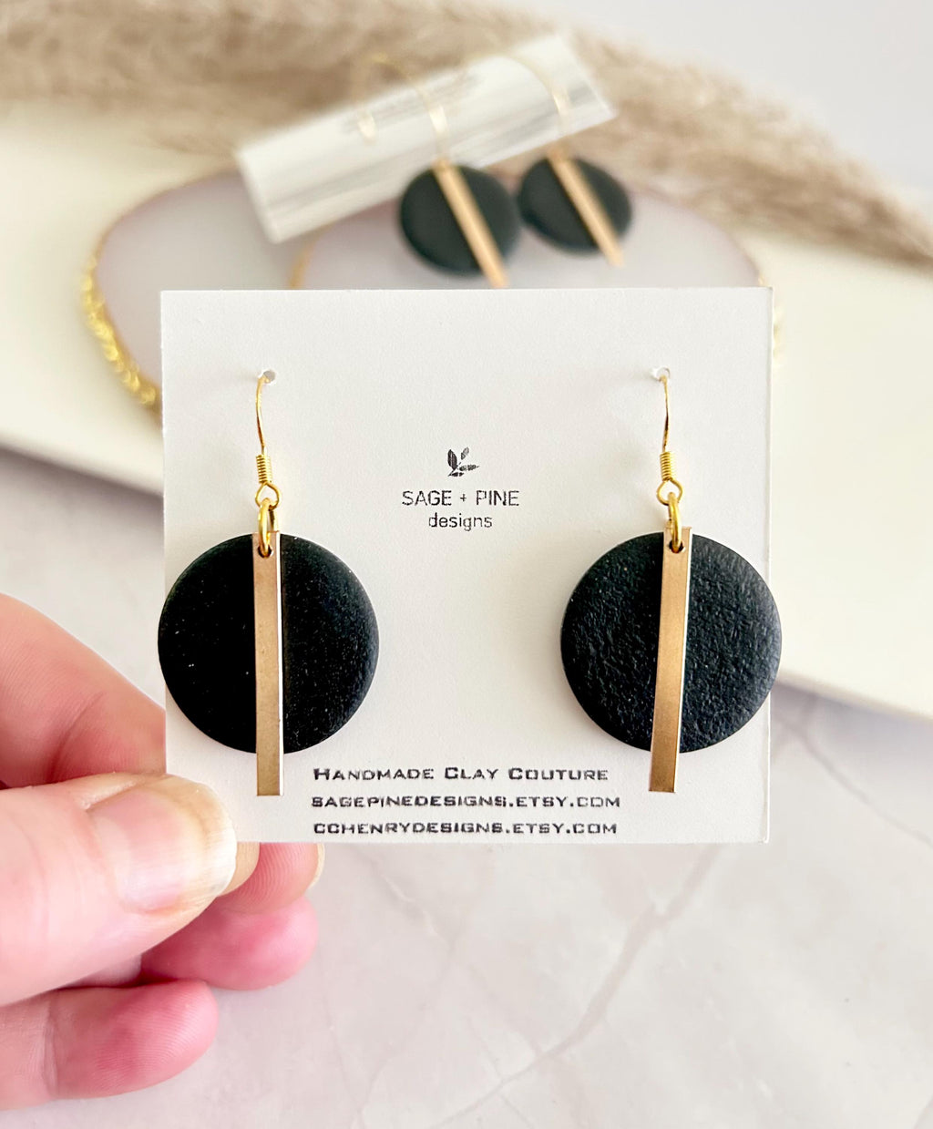 Handmade Gold Bar Hoop Clay Earrings, Neutral Black 18K Plated Dangles, Lightweight Hypoallergenic