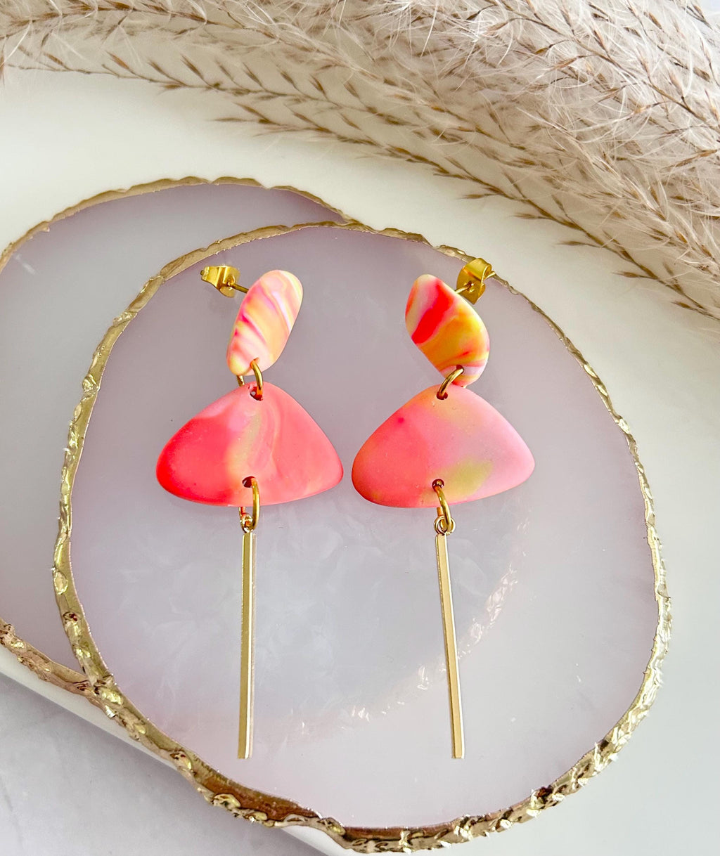 Neon Earrings, Gold Bar Dangles, Hypoallergenic Clay, Lightweight Jewelry