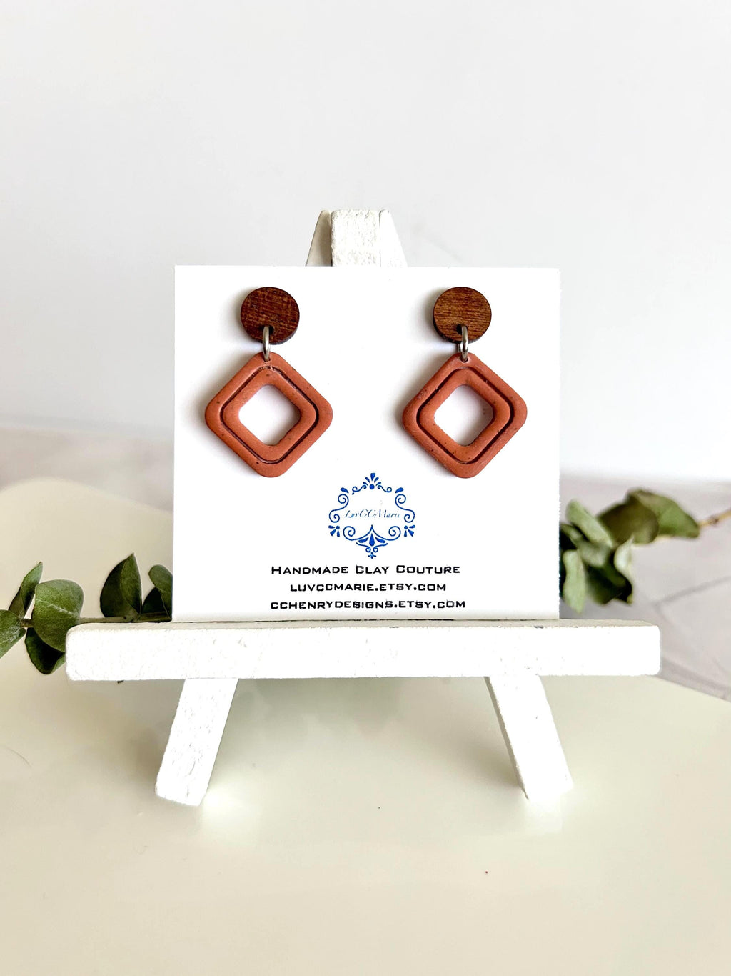 Terracotta Drop Earrings, Geometric Clay & Wood Handmade Fashion Boho Jewelry