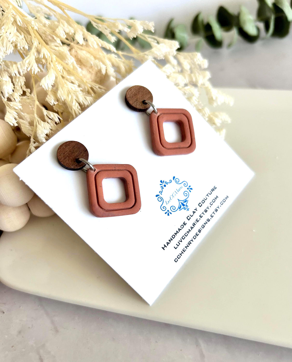 Terracotta Drop Earrings, Geometric Clay & Wood Handmade Fashion Boho Jewelry