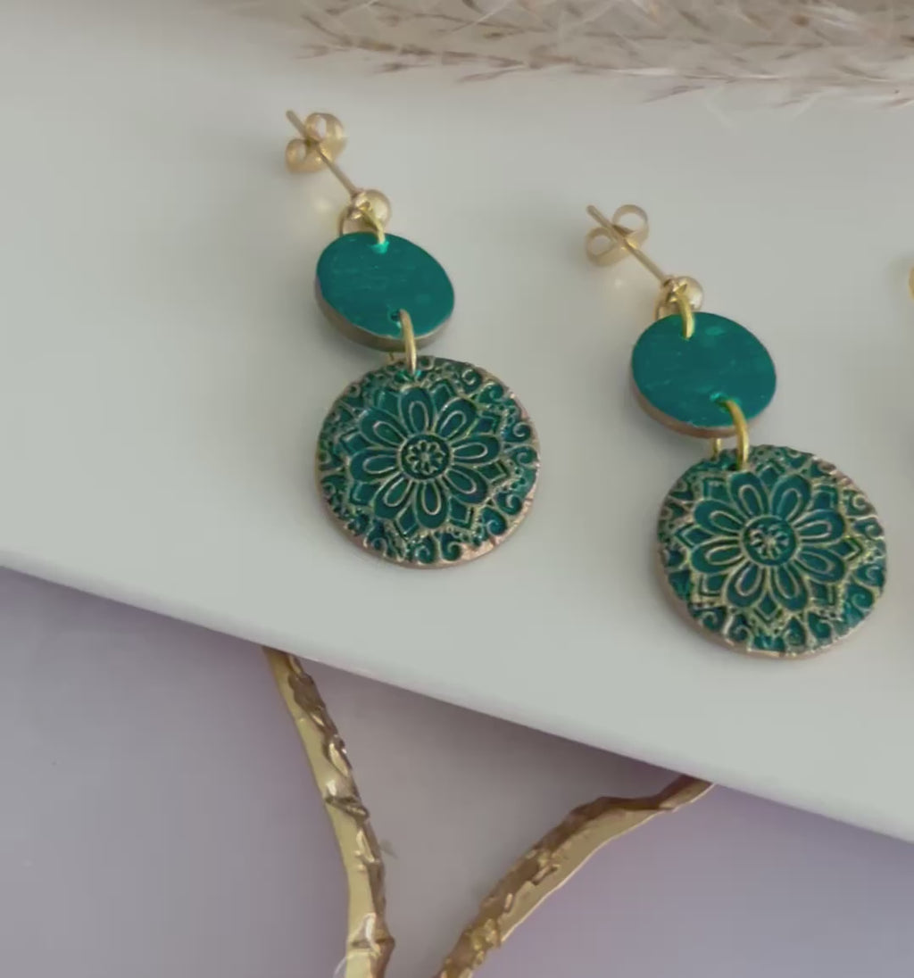 Kelly Green Earrings, Gold Mandala Embossed Dangles, Handmade Clay Boho Jewelry