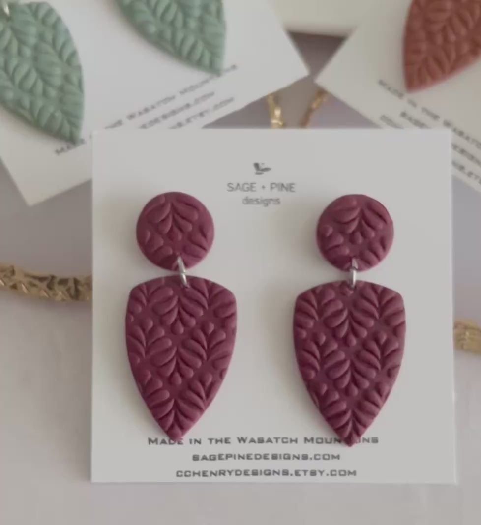 Boho Polymer Clay Earrings, Leaf Stud Post Dangles, Handmade Jewelry
